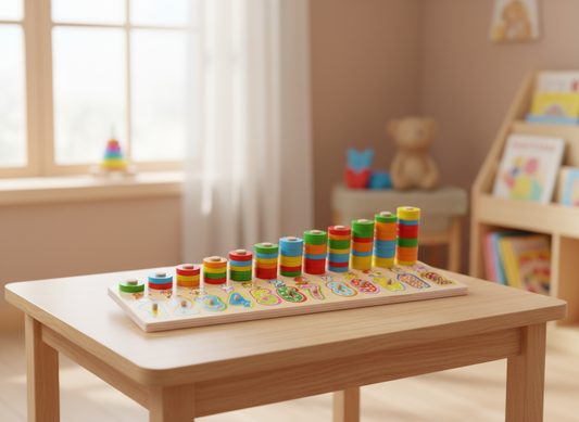 Koka puzle ar cipariem un dzīvniekiem – izglītojoša rotaļlieta bērniem, kas māca krāsas un skaitļus.