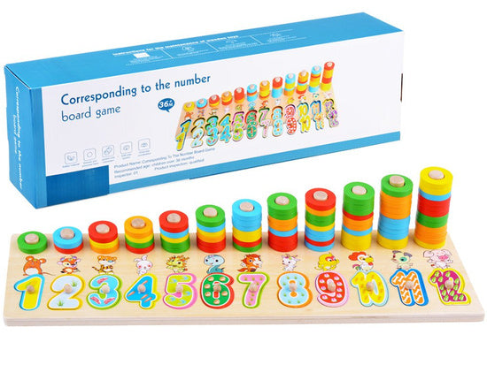 Koka puzle ar cipariem un dzīvniekiem – izglītojoša rotaļlieta bērniem, kas māca krāsas un skaitļus.