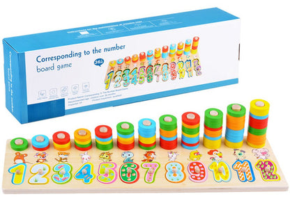 Koka puzle ar cipariem un dzīvniekiem – izglītojoša rotaļlieta bērniem, kas māca krāsas un skaitļus.