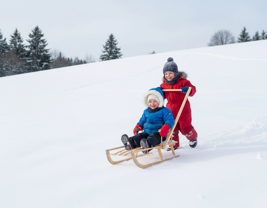 Koka ragavas bērniem ar metāla sliecēm un stumjamo rokturi – drošas un ērtas ziemas pastaigām