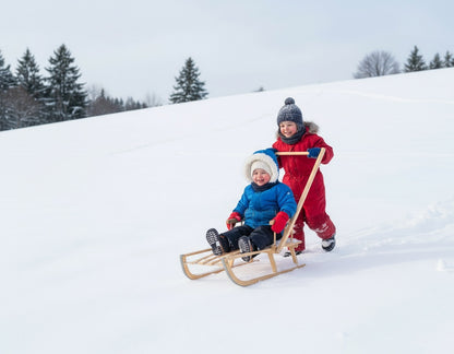 Koka ragavas bērniem ar metāla sliecēm un stumjamo rokturi – drošas un ērtas ziemas pastaigām