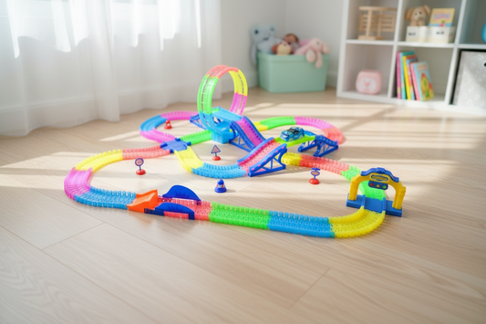 Koša auto trase ar gaismām un skaņu – aizraujoša rotaļlieta bērniem ar tālvadības pulti un sacīkšu auto.