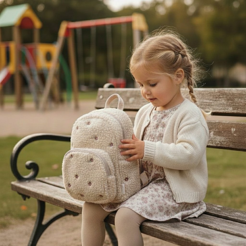 Little Dutch bērnu mugursoma meitenēm – smilšu krāsā ar maigiem ziediņiem, ideāla soma bērnudārzam.