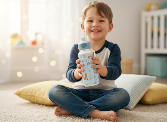 Gaiši zila pop-up bērnu dzeršanas pudele Little Dutch – Meža draugi kolekcija ar dzīvnieku ilustrācijām