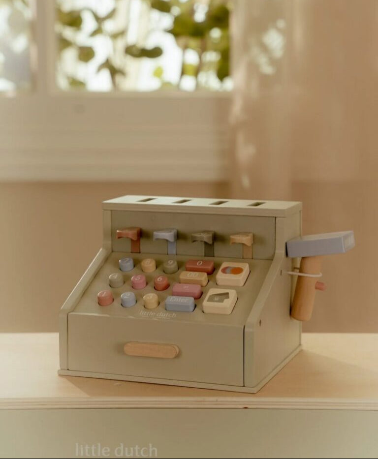 Little Dutch koka kases aparāts ar skeneri – rotaļlieta bērniem veikala lomspēlēm, attīsta matemātiskās un sociālās prasmes