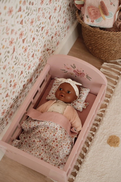 Little Dutch koka leļļu gultiņa bērniem – rozā rotaļlieta ar segām un spilventiņu, leļļu istabai