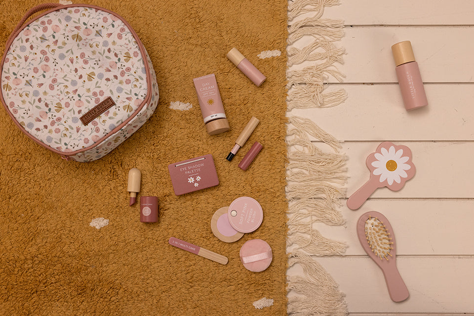 Little Dutch bērnu kosmētikas somiņa Ziedi un tauriņi – rotaļu kosmētikas komplekts meitenēm lomu spēlēm