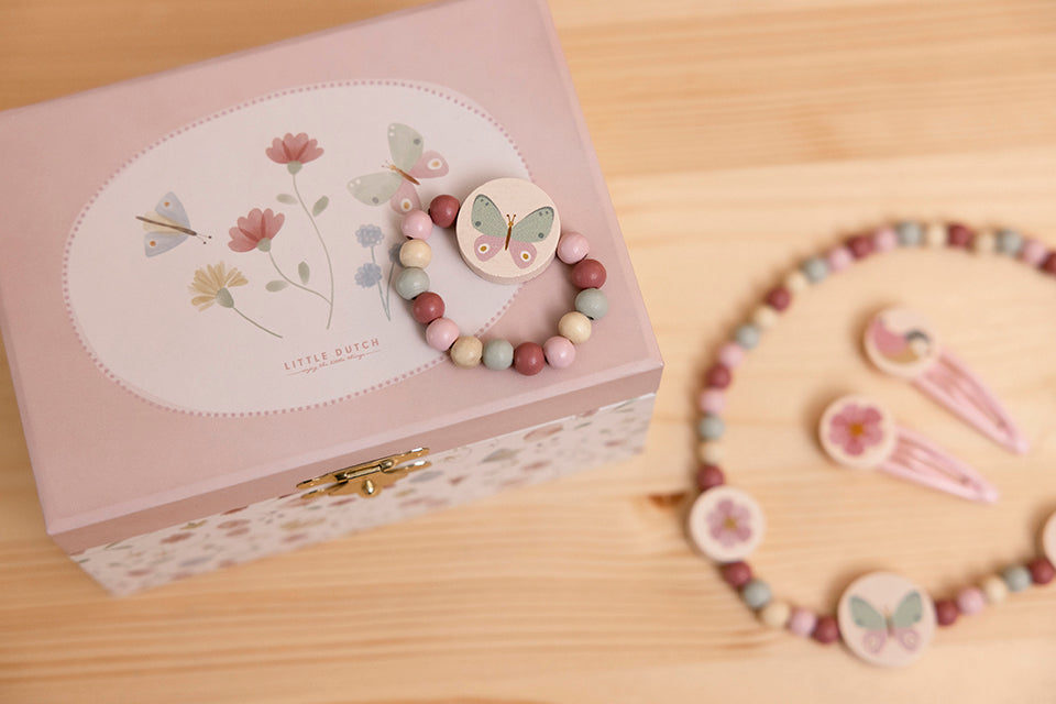 Little Dutch muzikālā rotaļlietu lādīte Ziedi un Tauriņi – rozā meiteņu rotu kārbiņa ar balerīnu