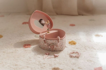 Little Dutch muzikālā rotaslietu lādīte “Pasaku dārzs” – rozā koka kastīte ar ziedu dizainu un dejojošu balerīnu bērniem