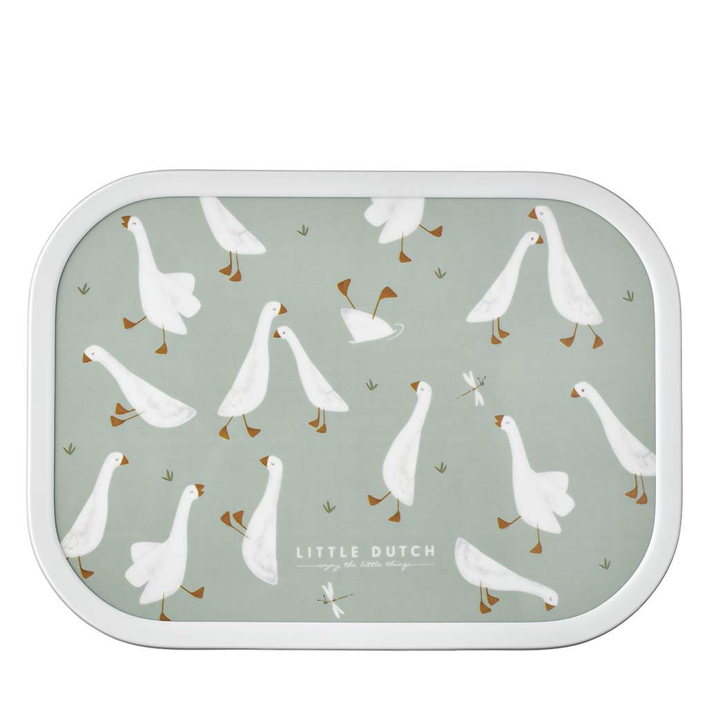 Little Dutch pusdienu kastīte Mazā zoss – zaļa bērnu bento kārba ar zosu motīvu un nodalījumiem ēdienam
