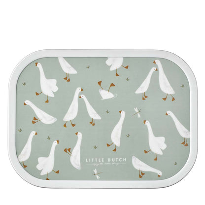 Little Dutch pusdienu kastīte Mazā zoss – zaļa bērnu bento kārba ar zosu motīvu un nodalījumiem ēdienam