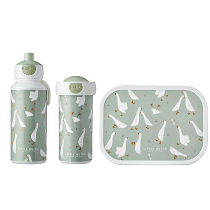 Little Dutch pusdienu kastīte Mazā zoss – zaļa bērnu bento kārba ar zosu motīvu un nodalījumiem ēdienam