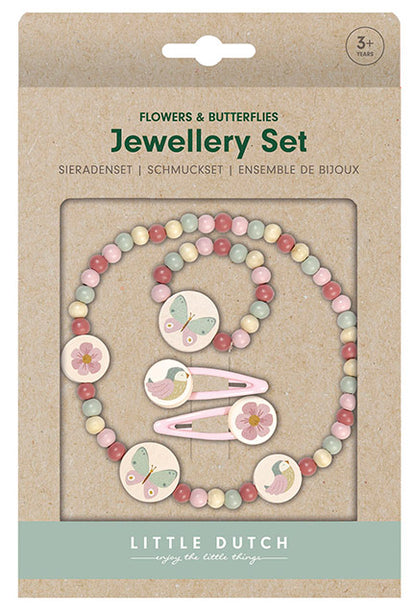 Little Dutch rotaslietu komplekts Ziedi un Tauriņi – bērnu rotu un aksesuāru komplekts ar sprādzēm un kaklarotu