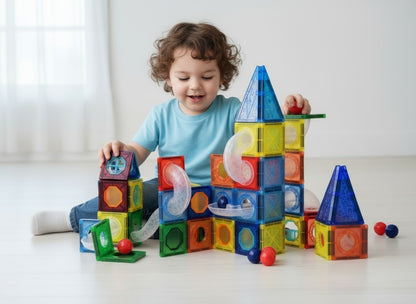 Magnētiskie bloki bērniem – bumbiņu trase ar 123 detaļām, radošs un izglītojošs būvēšanas komplekts