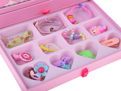 Bērnu rozā kosmētikas un rotaslietu koferis meitenēm ar ēnām, lūpu spīdumiem un aksesuāriem, piemērots spēlēšanai un radošām aktivitātēm.