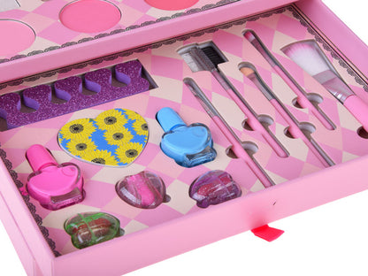 Bērnu rozā kosmētikas un rotaslietu koferis meitenēm ar ēnām, lūpu spīdumiem un aksesuāriem, piemērots spēlēšanai un radošām aktivitātēm.