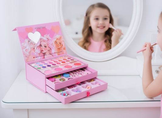 Bērnu rozā kosmētikas un rotaslietu koferis meitenēm ar ēnām, lūpu spīdumiem un aksesuāriem, piemērots spēlēšanai un radošām aktivitātēm.