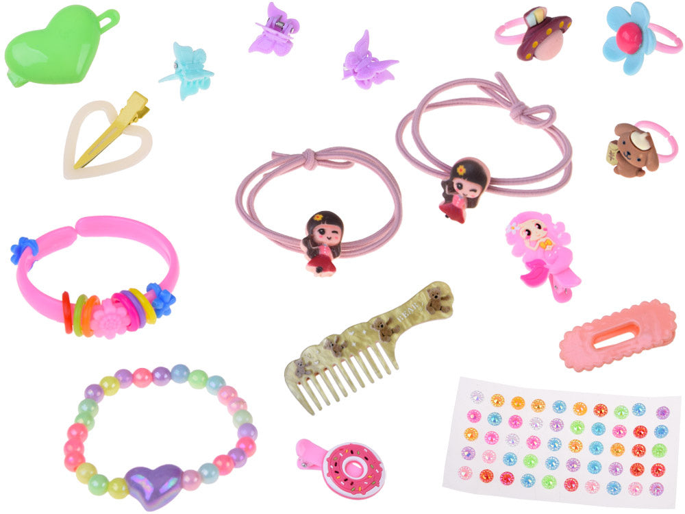 Bērnu rozā kosmētikas un rotaslietu koferis meitenēm ar ēnām, lūpu spīdumiem un aksesuāriem, piemērots spēlēšanai un radošām aktivitātēm.