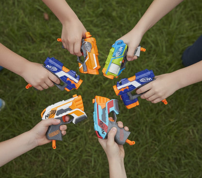 Nerf Strike 6 pistoles komplekts ar šautriņām — rotaļlieta bērniem aktīvām spēlēm un sacensībām ārā vai telpās.