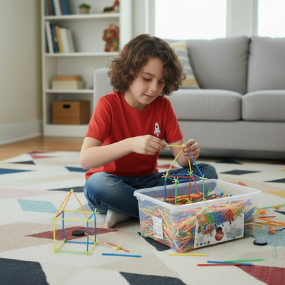 Bērns būvē krāsainu konstrukciju no salmiņu komplekta, attīstot radošumu un iztēli.