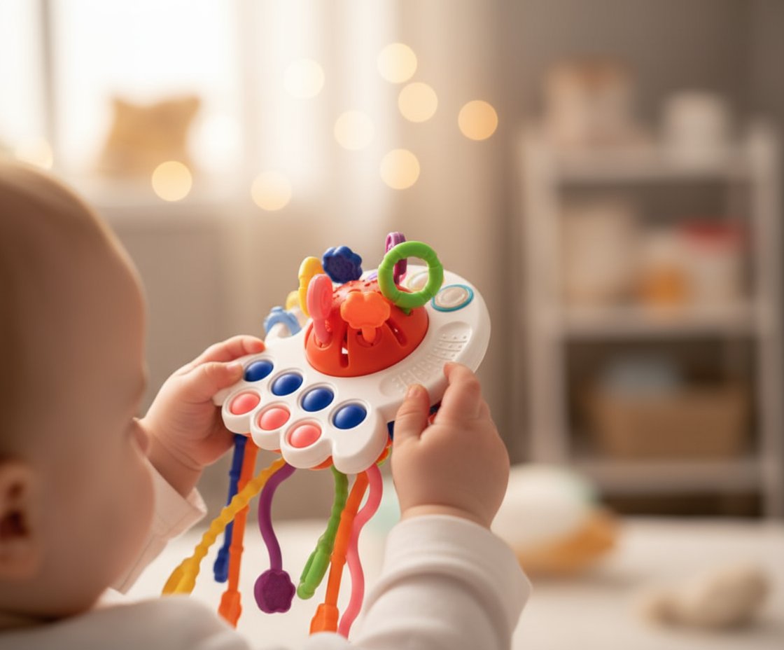 Sensorā rotaļlieta mazulīšiem 4in1 – krāsaina attīstoša rotaļlieta bērniem ar dažādām tekstūrām un skaņām.