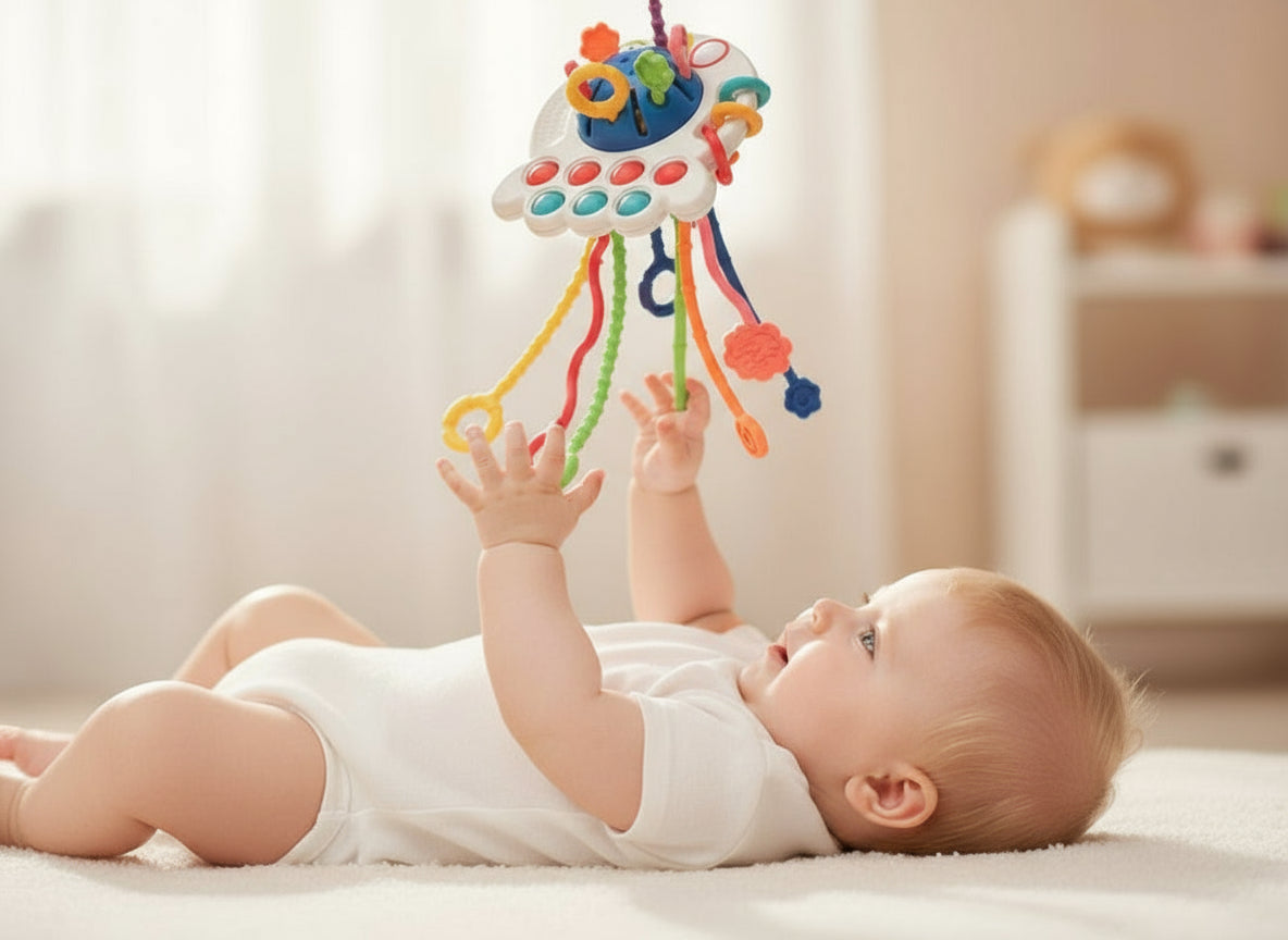 Sensorā rotaļlieta mazulīšiem 4in1 – krāsaina attīstoša rotaļlieta bērniem ar dažādām tekstūrām un skaņām.