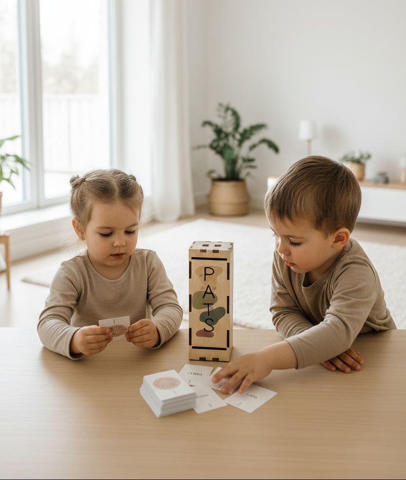 Koka lasītprasmes spēle PATS bērniem – ar burtiem un kartītēm, palīdz apgūt pirmos vārdus rotaļīgā veidā.
