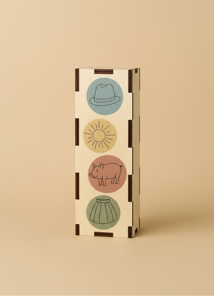 Bērns spēlē koka spēli PATS, mācoties lasīt ar kartītēm un attēliem, izgatavota Latvijā