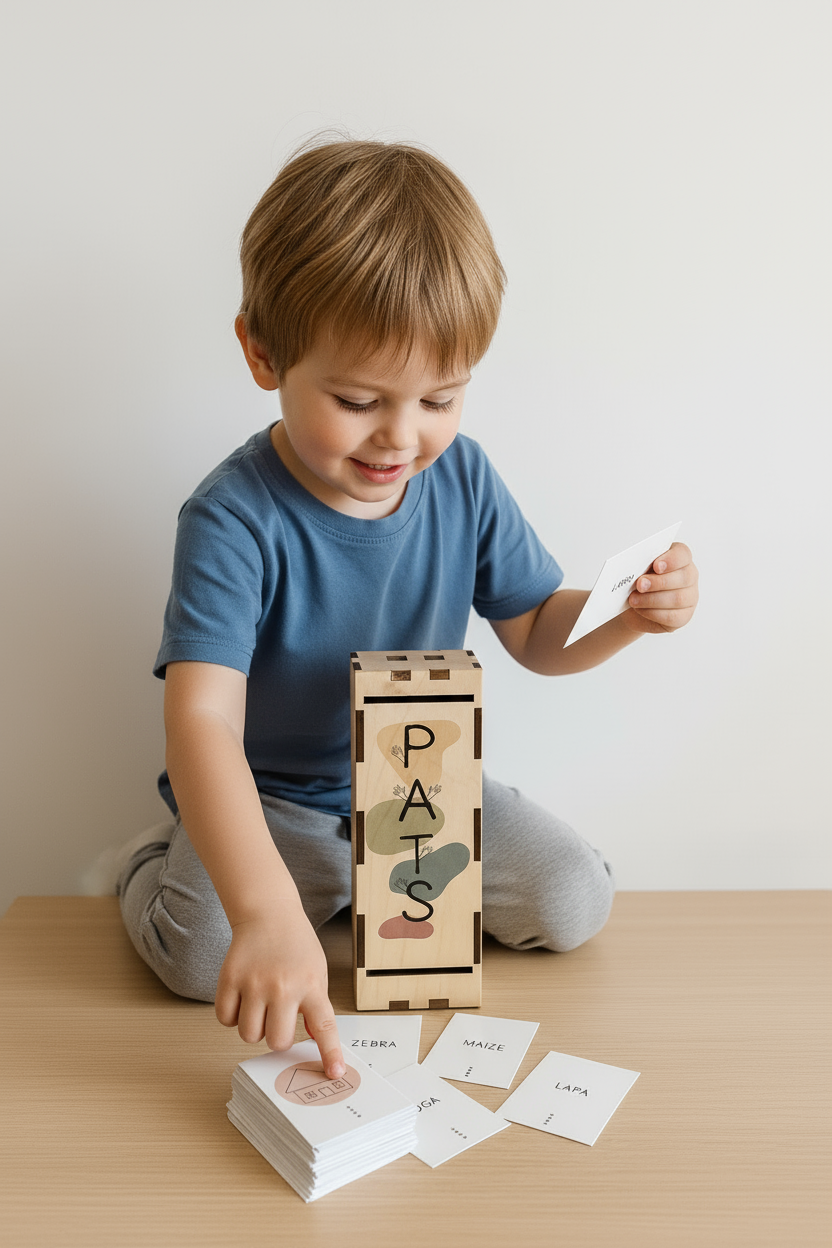Bērns spēlē koka spēli PATS, mācoties lasīt ar kartītēm un attēliem, izgatavota Latvijā