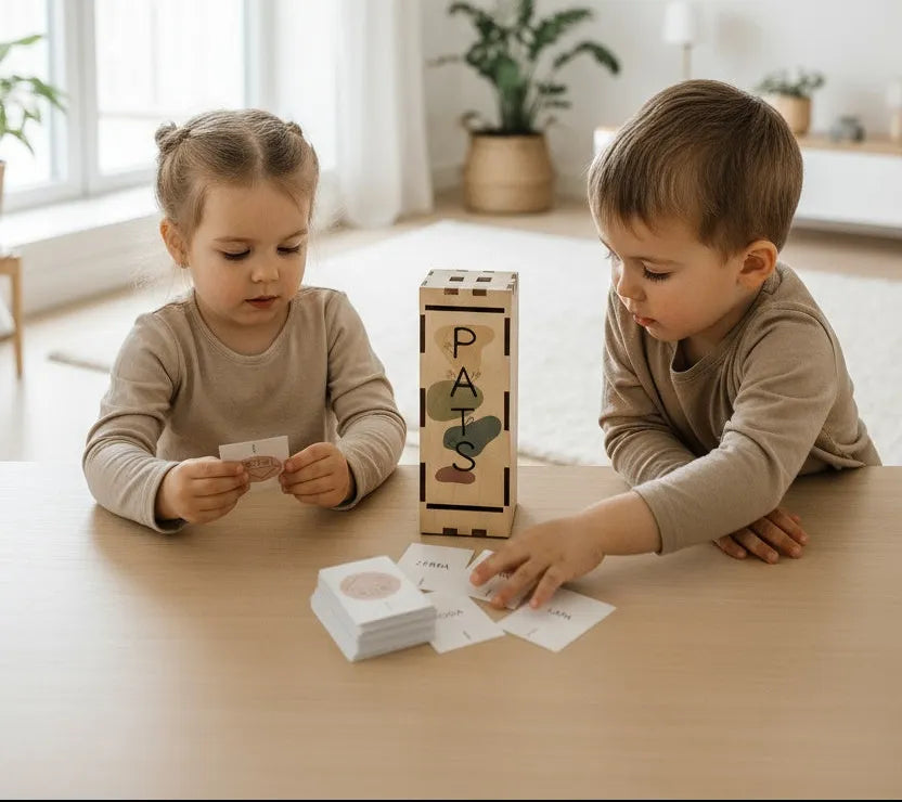 Koka lasītprasmes spēle PATS bērniem – ar burtiem un kartītēm, palīdz apgūt pirmos vārdus rotaļīgā veidā.