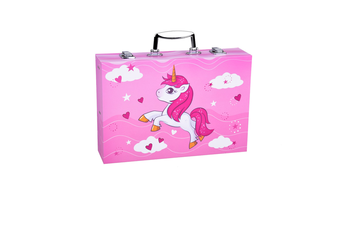 Vienradža mākslas komplekts koferītī meitenēm ar krāsām un flomāsteriem.