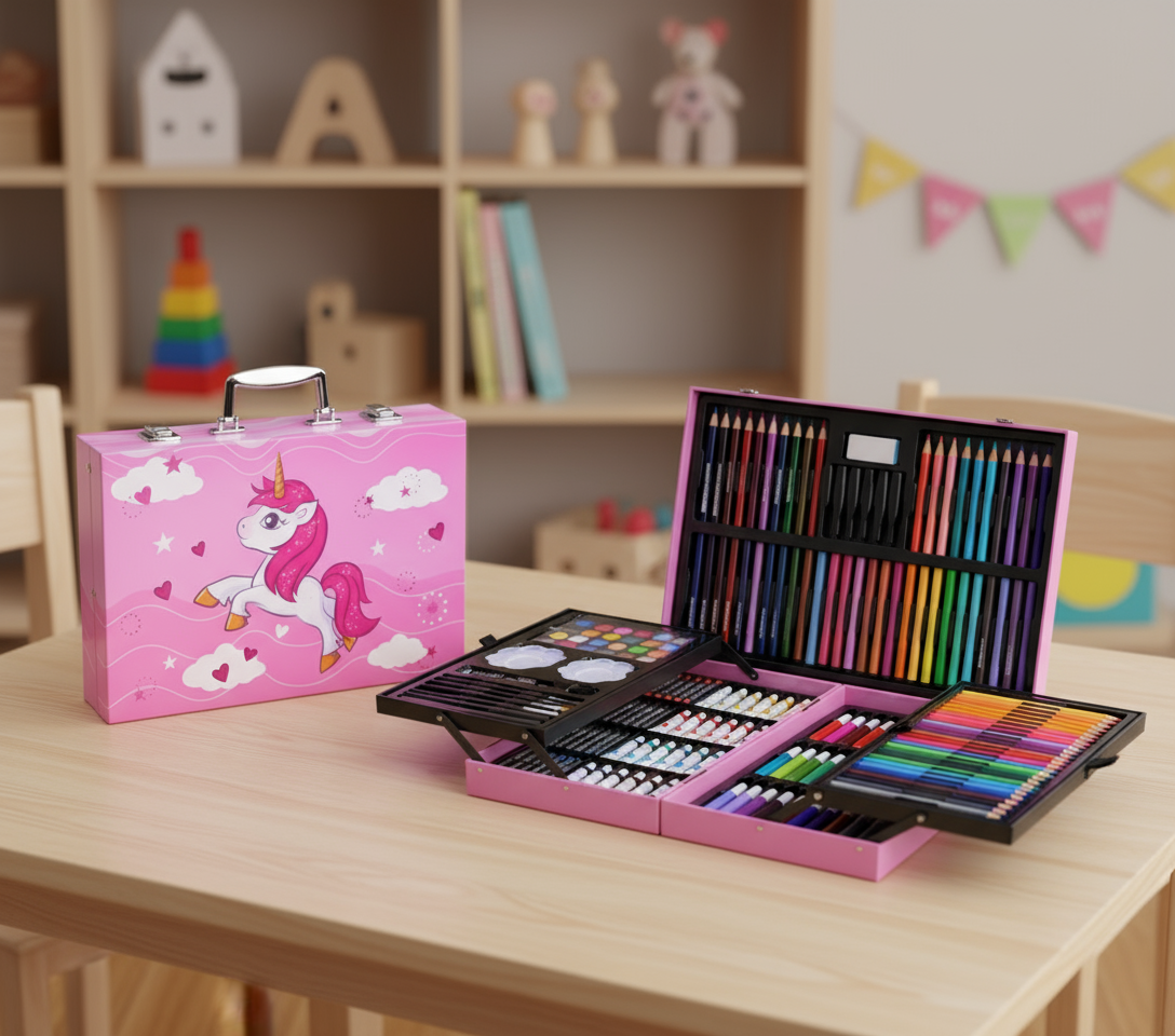 Vienradža mākslas komplekts koferītī meitenēm ar krāsām un flomāsteriem.